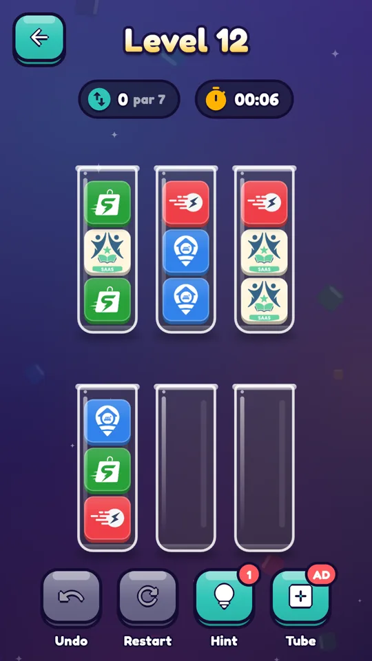 Level 12: six tubes of app-logo cubes waiting to be sorted