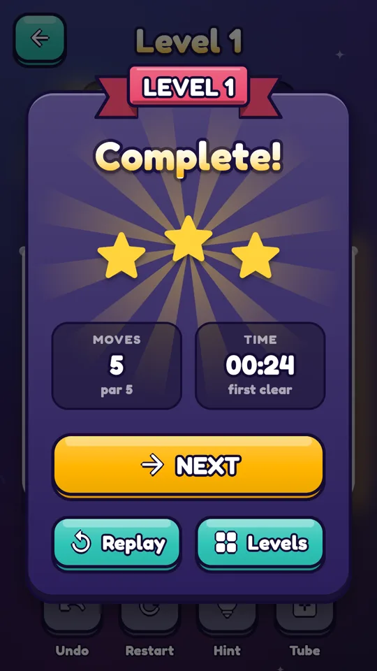 Level 1 complete: three stars, five moves on a par of five