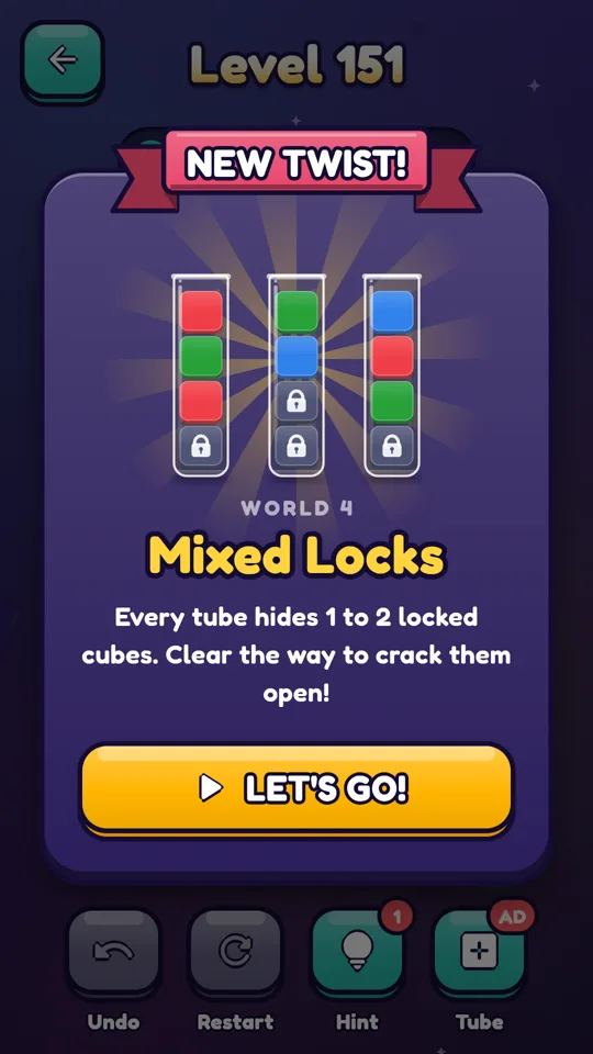 New twist in World 4, Mixed Locks: every tube hides locked cubes