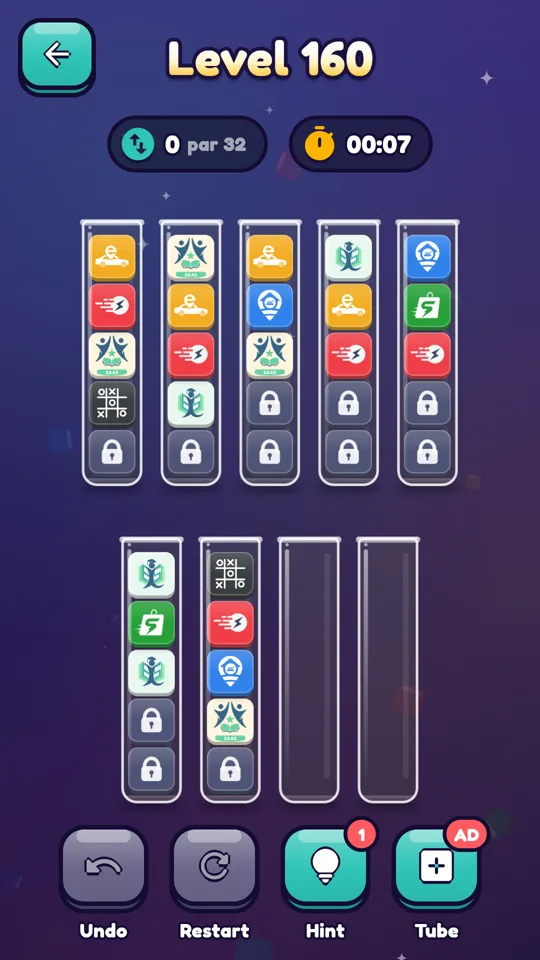 Level 160: tall tubes with locked cubes at the bottom