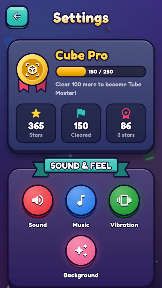 Settings with your rank, stars and sound switches