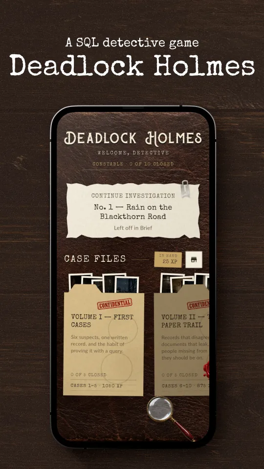 A SQL detective game: Deadlock Holmes, over the case files screen