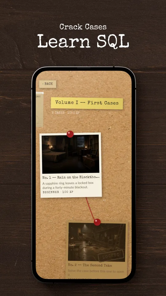 Crack cases, learn SQL: the cork board of Volume I's first cases