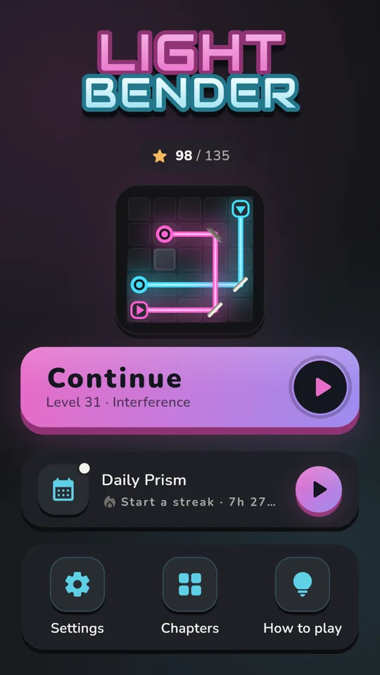 Home screen with Continue and the Daily Prism