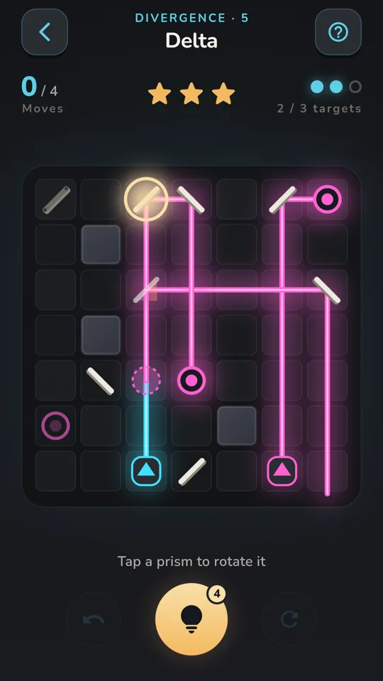 A hint lights up one prism to turn