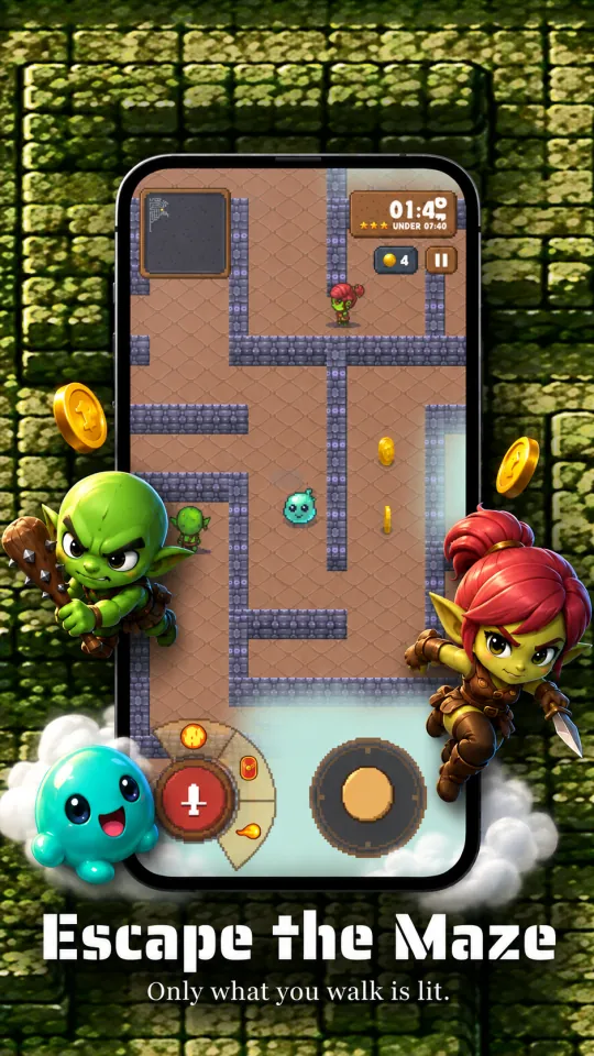 Escape the maze: only what you walk is lit