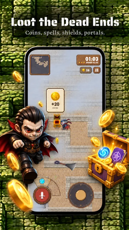 Loot the dead ends: coins, spells, shields, portals