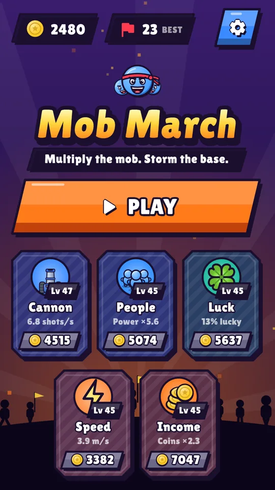 Home screen with the Cannon, People, Luck, Speed and Income upgrades