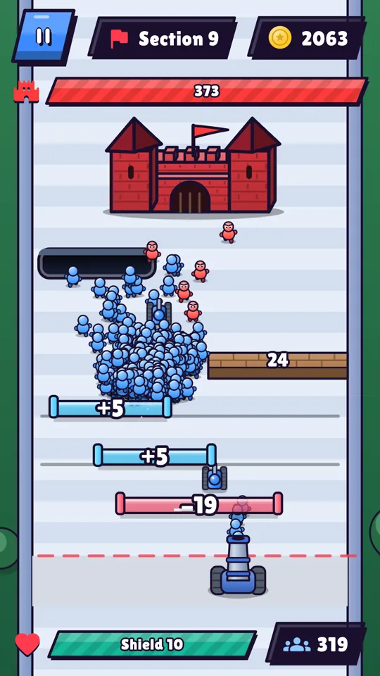 A blue crowd pours through +5 gates toward a red enemy castle