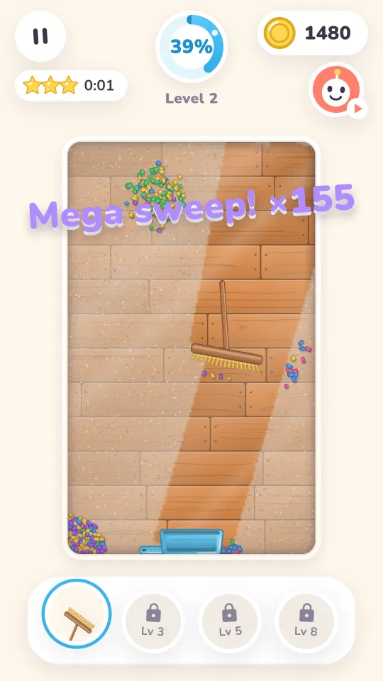 Level 2: a mega sweep of 155 pieces on a wooden floor