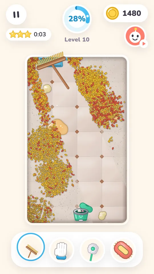 Level 10: sweeping piles of petals across a tiled floor