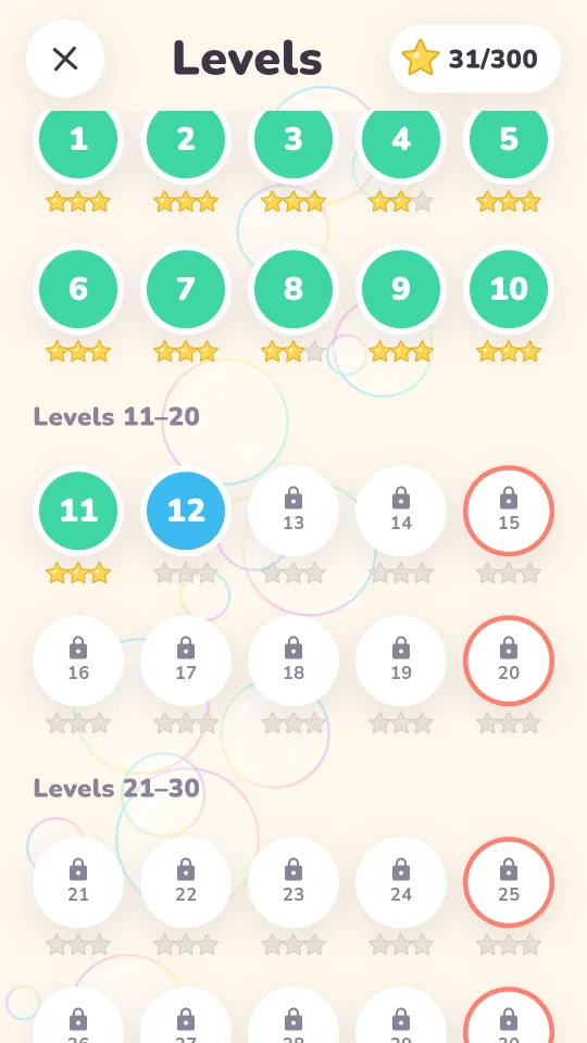 The level map, with a Big Party every fifth level