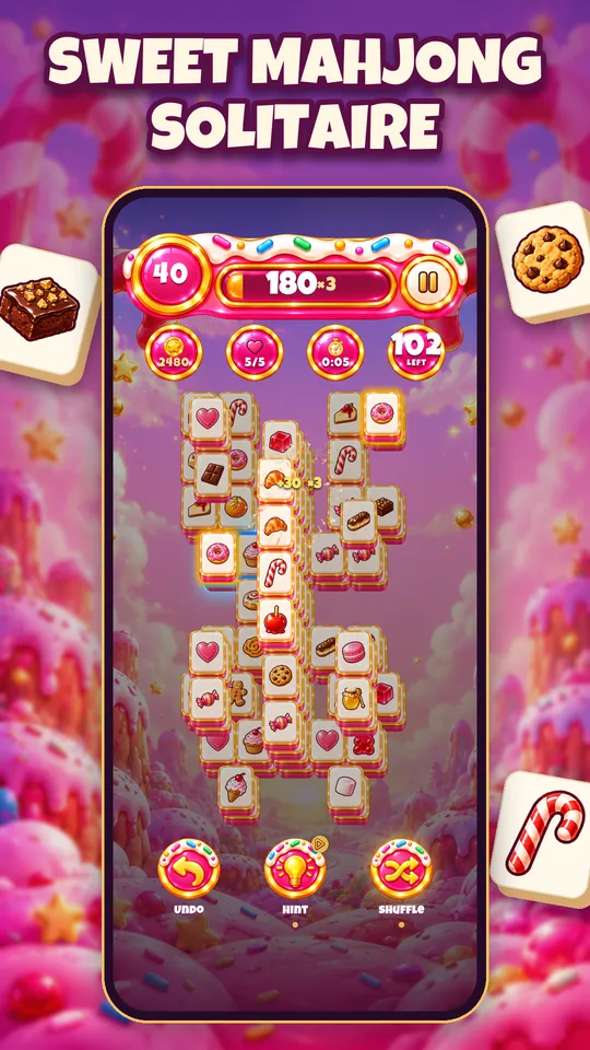 Sweet mahjong solitaire: a stacked board of candy tiles with Undo, Hint and Shuffle