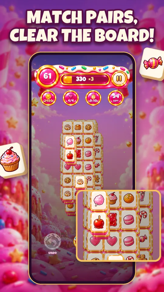 Match pairs, clear the board: two free tiles lift off the stack