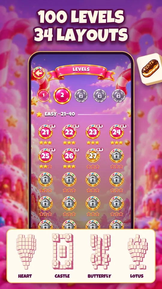100 levels, 34 layouts, including Heart, Castle, Butterfly and Lotus