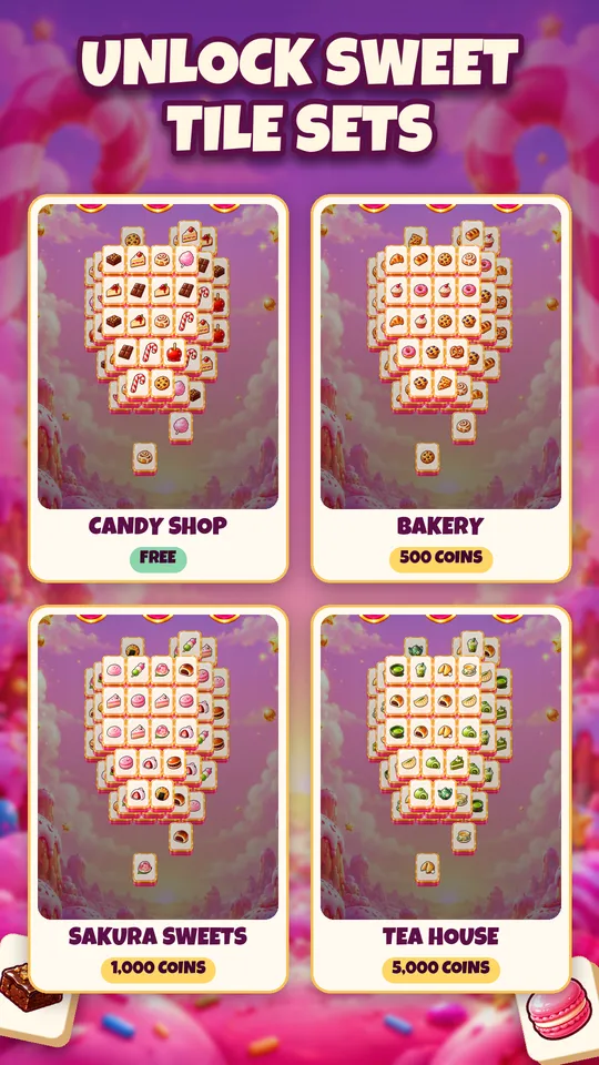 Unlock sweet tile sets: Candy Shop, Bakery, Sakura Sweets and Tea House