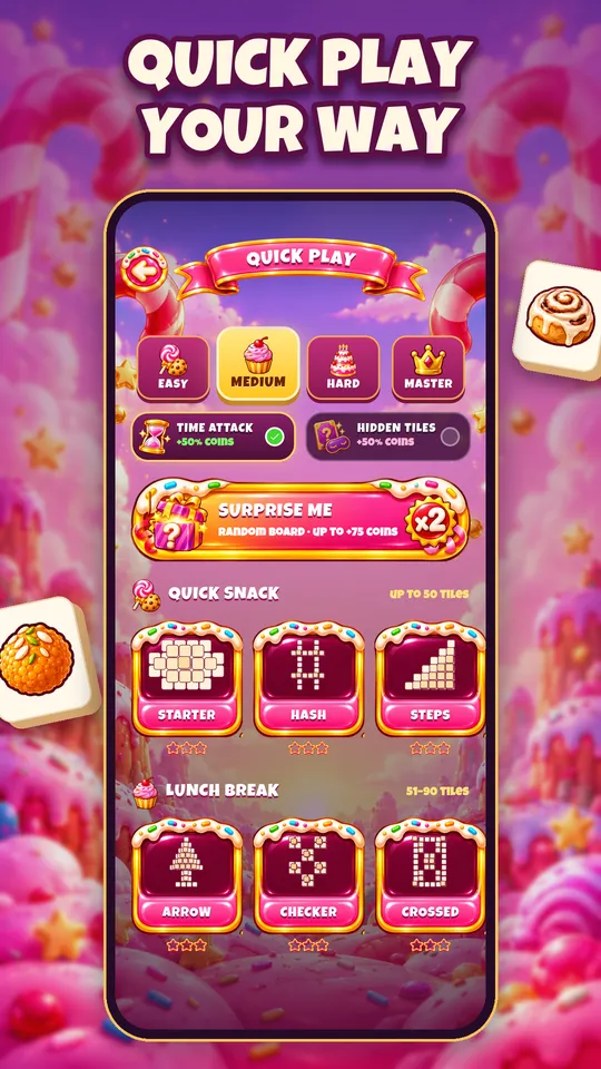 Quick Play your way: pick a board, a difficulty, Time Attack or Hidden Tiles